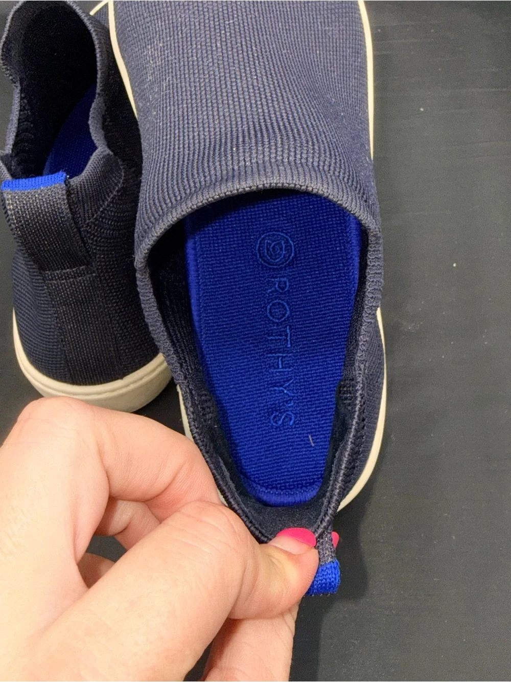 Rothys The Chelsea Navy Blue Knit Ankle Bootie Sneaker Slip On Minimalist 10.5